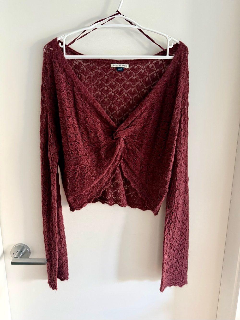 American Eagle Outfitters Burgundy Lace-Knit Twist-Front Long Sleeve Top